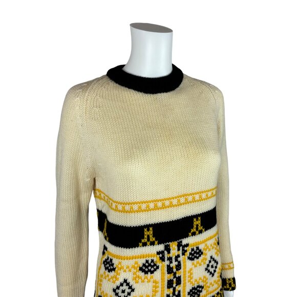 Vintage 60s Sweater Women's Medium Nordic Yellow Pattern Mod Pullover - Picture 4 of 10